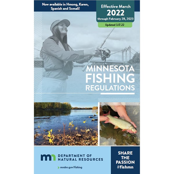 Minnesota Department of Natural Resources Fishing Regulations cover with woman casking a fishing line, a lake, and a person holding a fish. Effective March 2022 through February 28, 2023